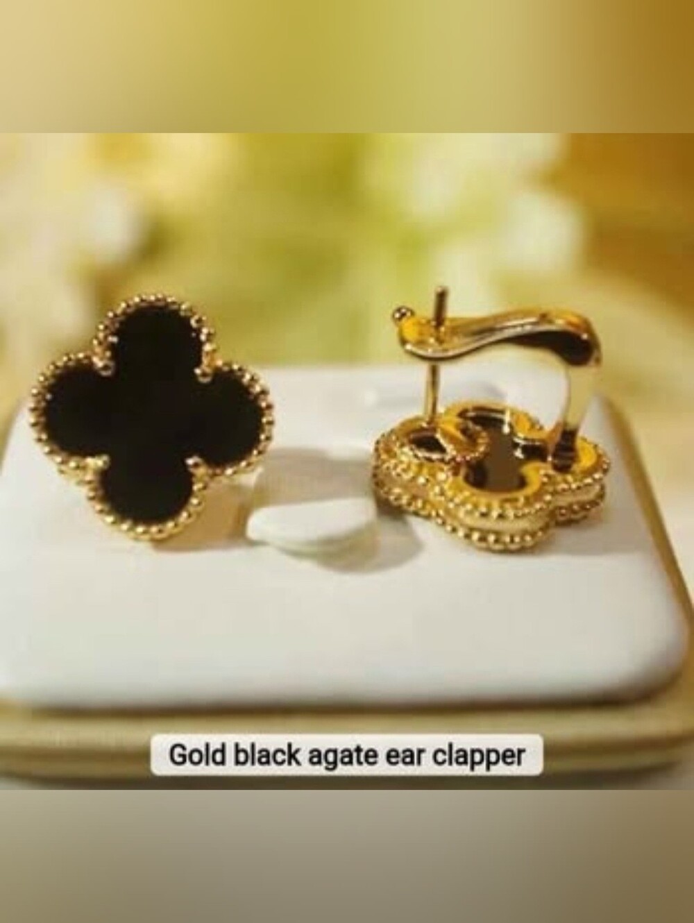 Women's Earrings Clover Gold color, Agate Black cassay value, Stainless Steel